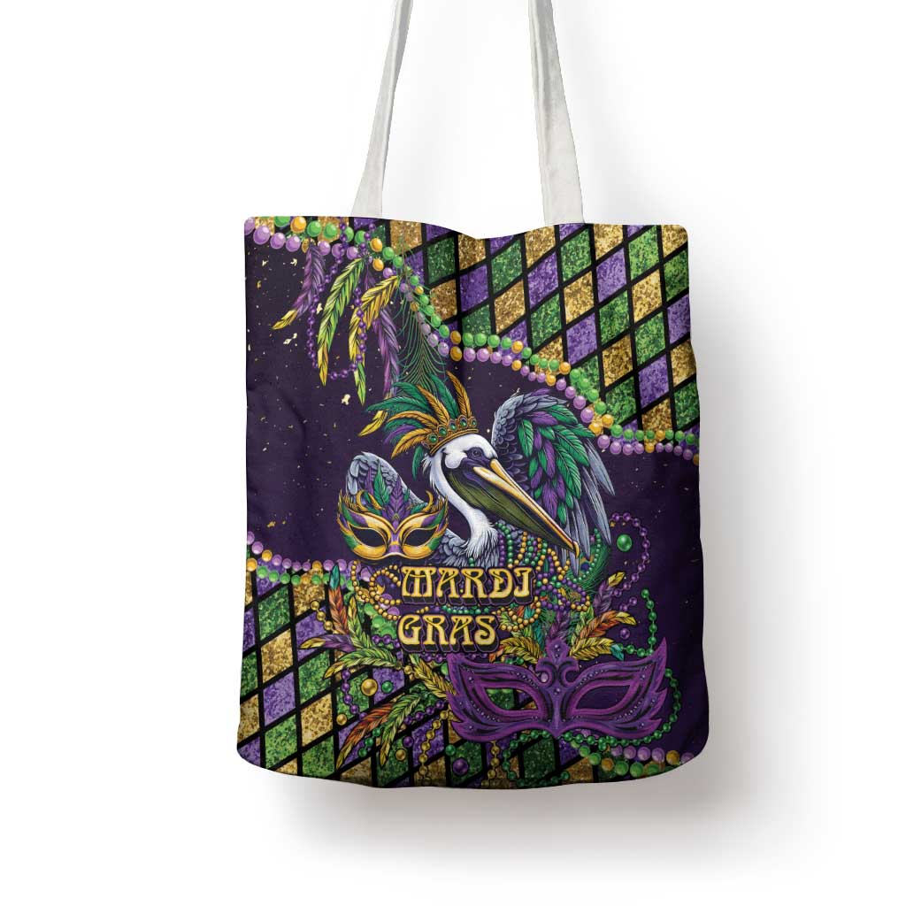 Mardi Gras Pelican Tote Bag Crowned Feathers Carnival Reign - Wonder Print Shop