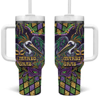 Mardi Gras Pelican Tumbler With Handle Crowned Feathers Carnival Reign - Wonder Print Shop