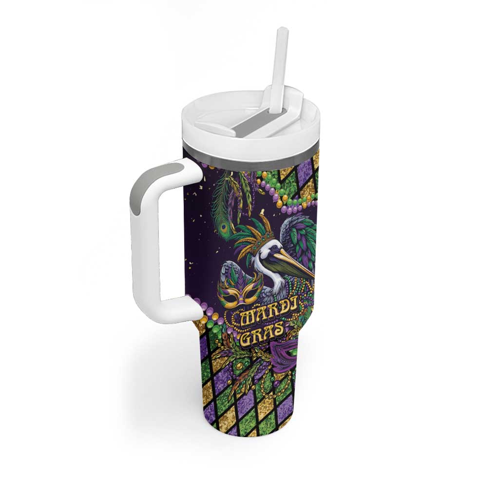 Mardi Gras Pelican Tumbler With Handle Crowned Feathers Carnival Reign - Wonder Print Shop