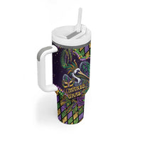 Mardi Gras Pelican Tumbler With Handle Crowned Feathers Carnival Reign - Wonder Print Shop