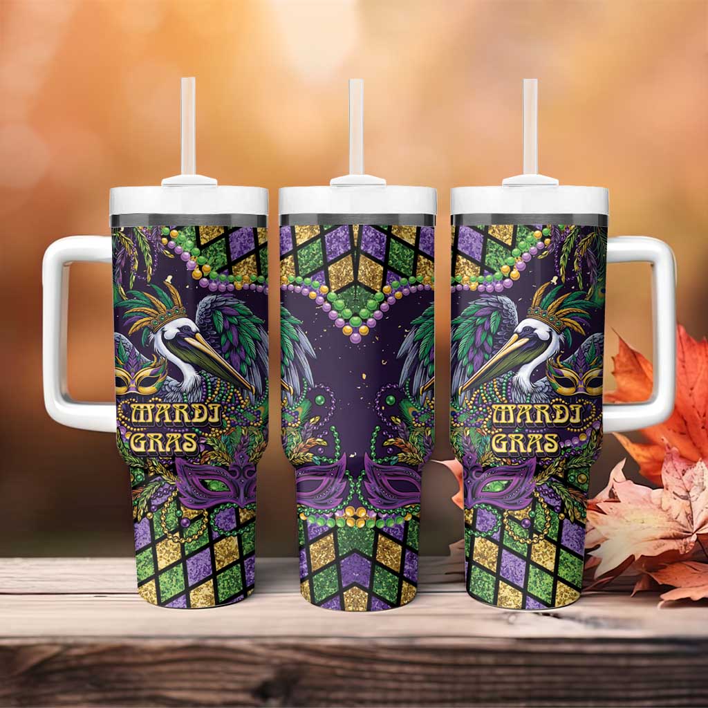 Mardi Gras Pelican Tumbler With Handle Crowned Feathers Carnival Reign - Wonder Print Shop