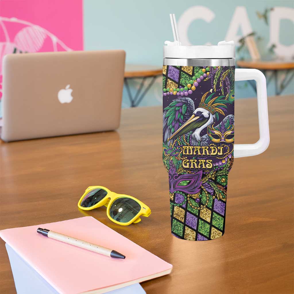 Mardi Gras Pelican Tumbler With Handle Crowned Feathers Carnival Reign - Wonder Print Shop