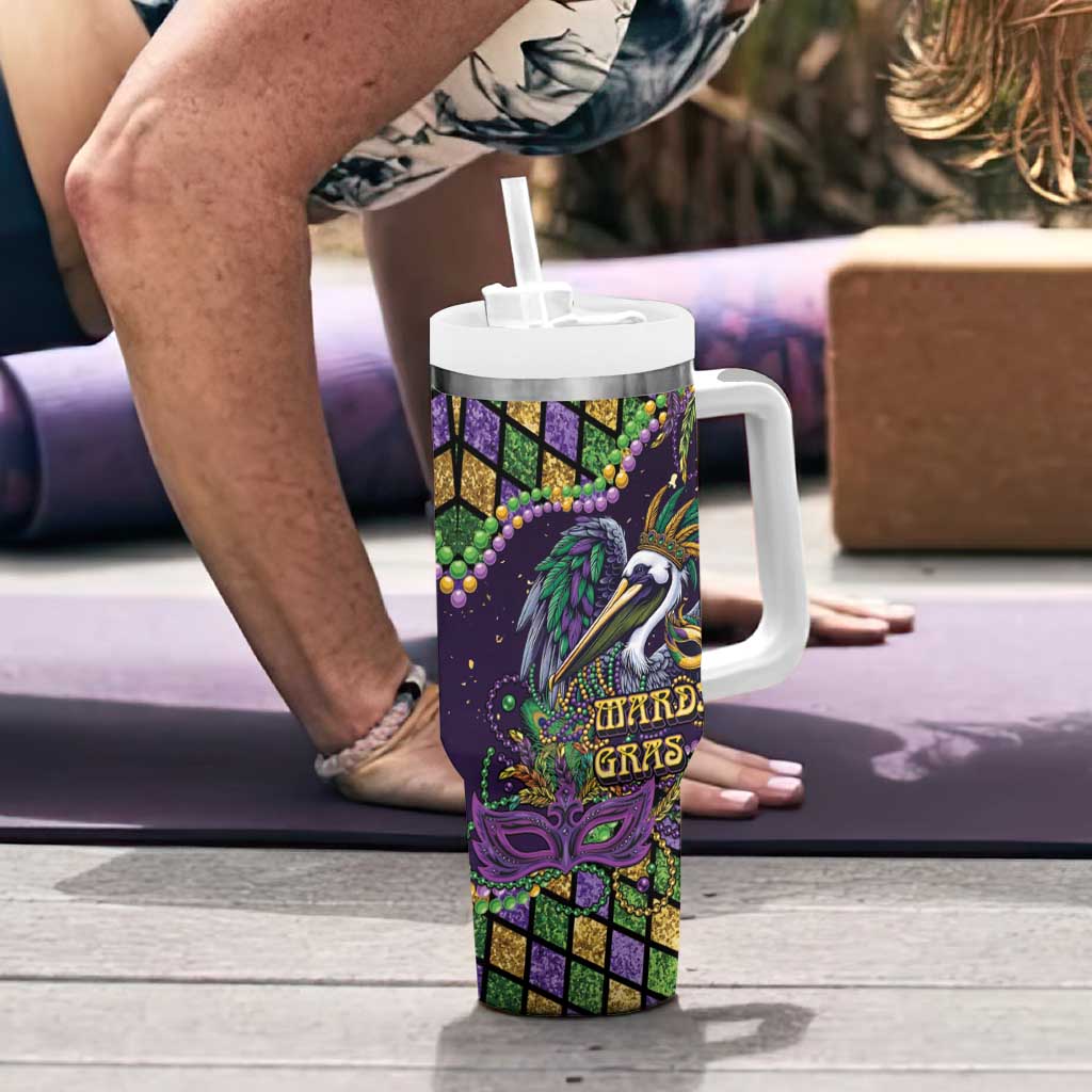 Mardi Gras Pelican Tumbler With Handle Crowned Feathers Carnival Reign - Wonder Print Shop