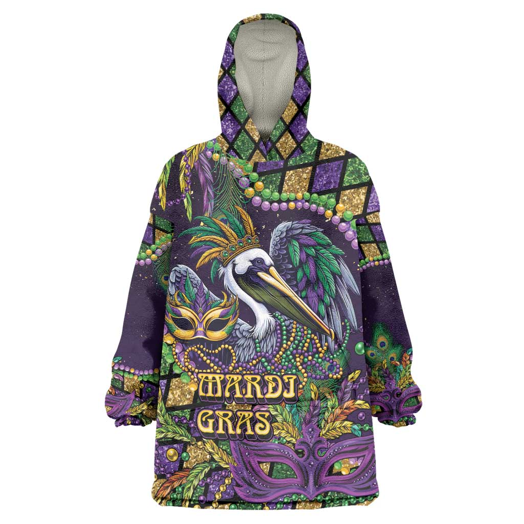 Mardi Gras Pelican Wearable Blanket Hoodie Crowned Feathers Carnival Reign - Wonder Print Shop