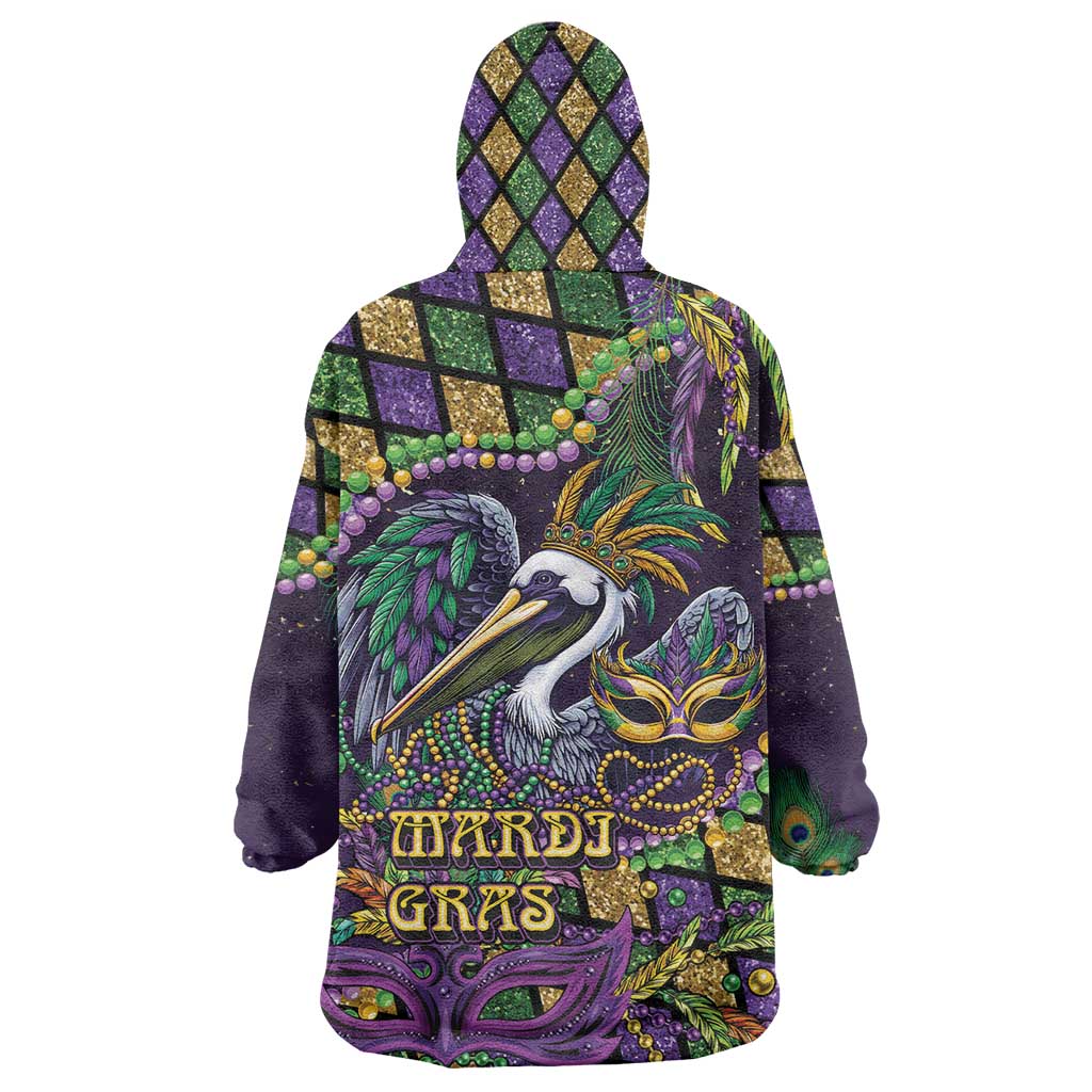 Mardi Gras Pelican Wearable Blanket Hoodie Crowned Feathers Carnival Reign - Wonder Print Shop