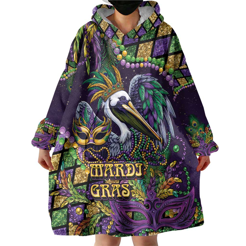 Mardi Gras Pelican Wearable Blanket Hoodie Crowned Feathers Carnival Reign - Wonder Print Shop