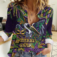 Mardi Gras Pelican Women Casual Shirt Crowned Feathers Carnival Reign - Wonder Print Shop