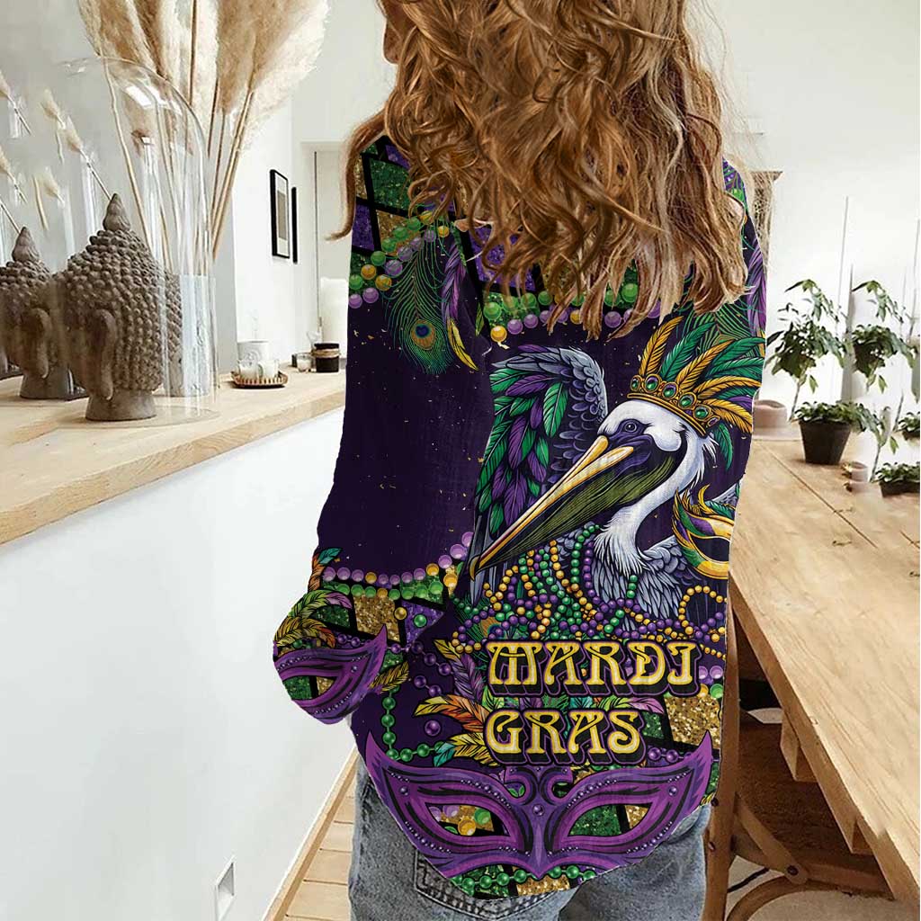 Mardi Gras Pelican Women Casual Shirt Crowned Feathers Carnival Reign - Wonder Print Shop