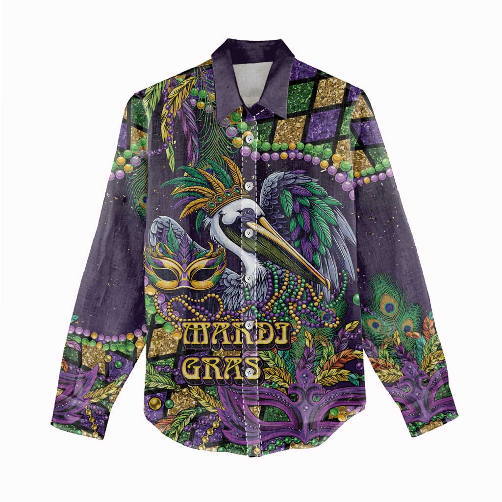 Mardi Gras Pelican Women Casual Shirt Crowned Feathers Carnival Reign - Wonder Print Shop