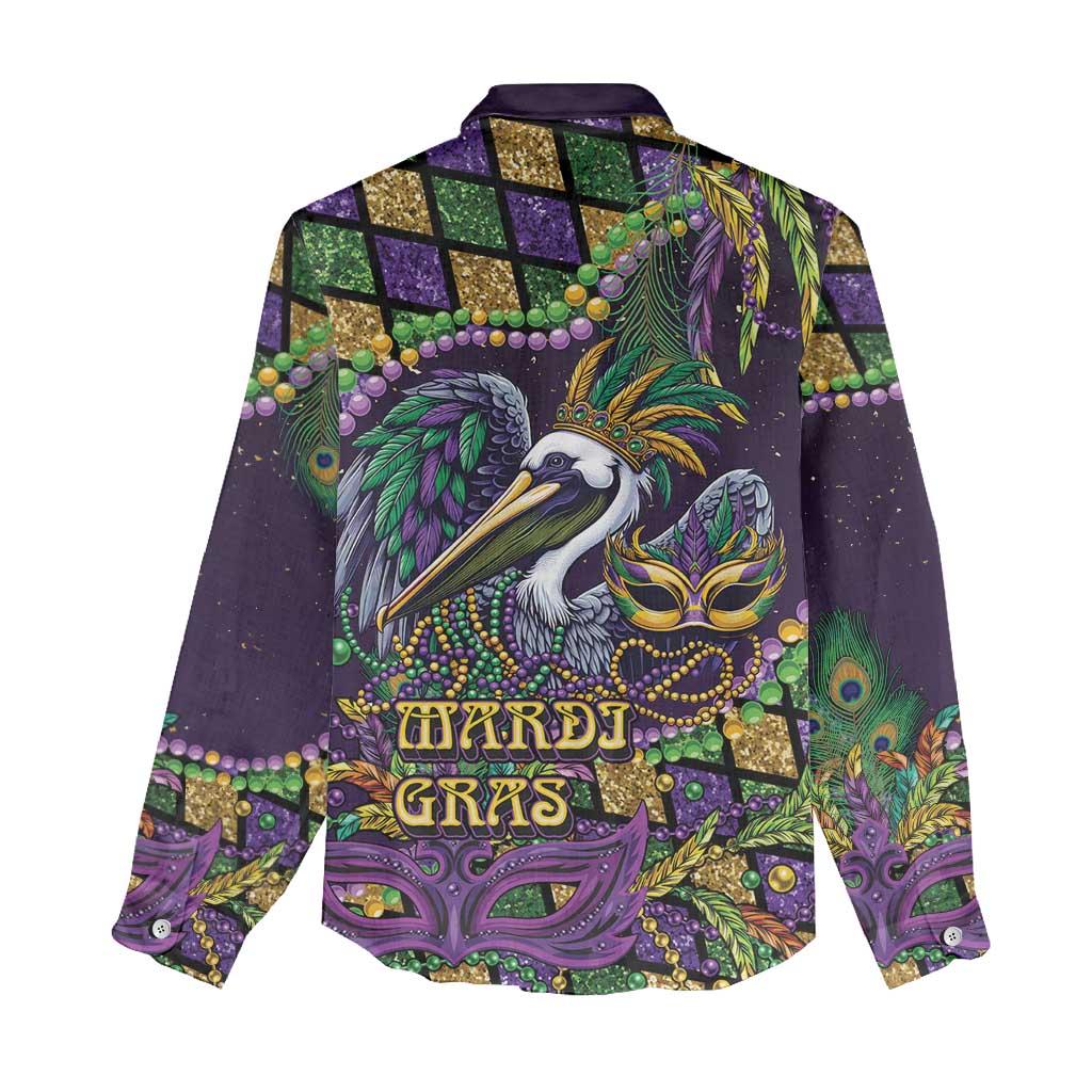 Mardi Gras Pelican Women Casual Shirt Crowned Feathers Carnival Reign - Wonder Print Shop