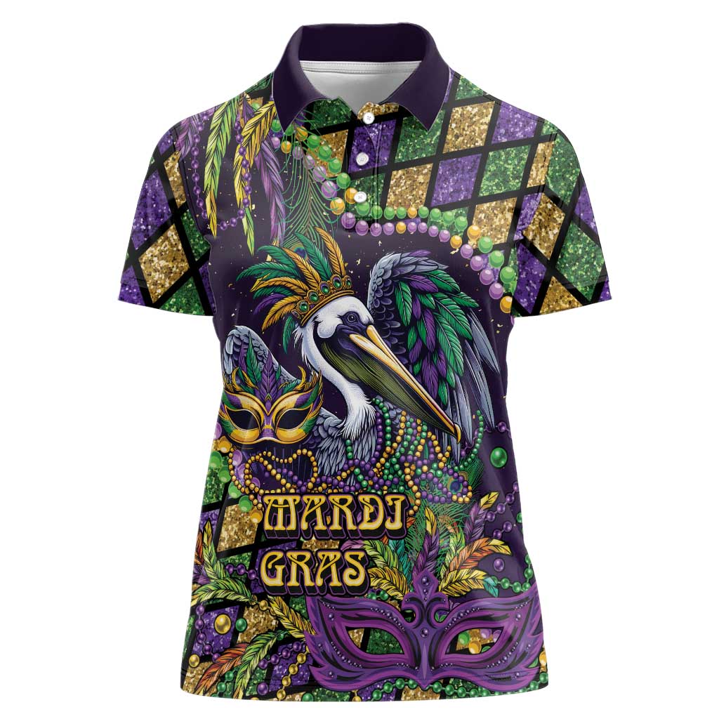 Mardi Gras Pelican Women Polo Shirt Crowned Feathers Carnival Reign - Wonder Print Shop