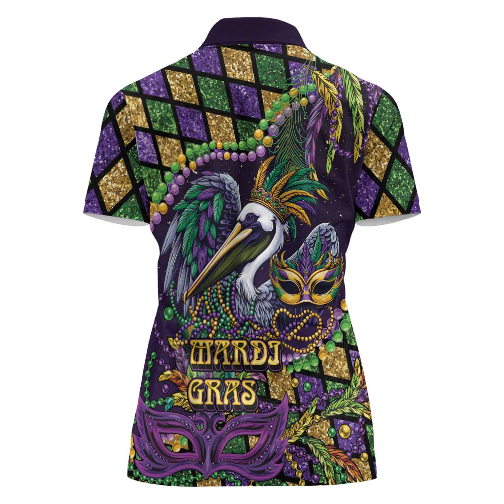 Mardi Gras Pelican Women Polo Shirt Crowned Feathers Carnival Reign - Wonder Print Shop