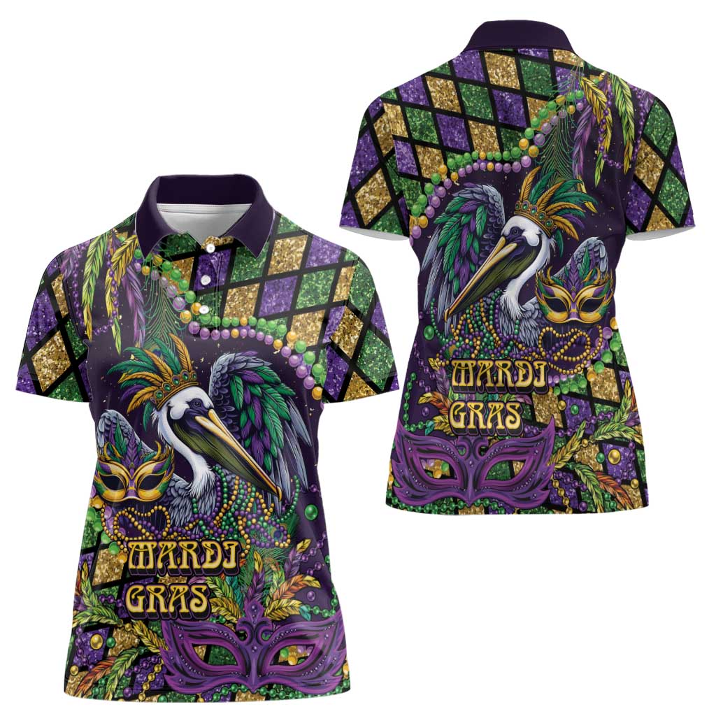 Mardi Gras Pelican Women Polo Shirt Crowned Feathers Carnival Reign - Wonder Print Shop