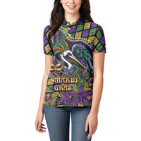 Mardi Gras Pelican Women Polo Shirt Crowned Feathers Carnival Reign - Wonder Print Shop