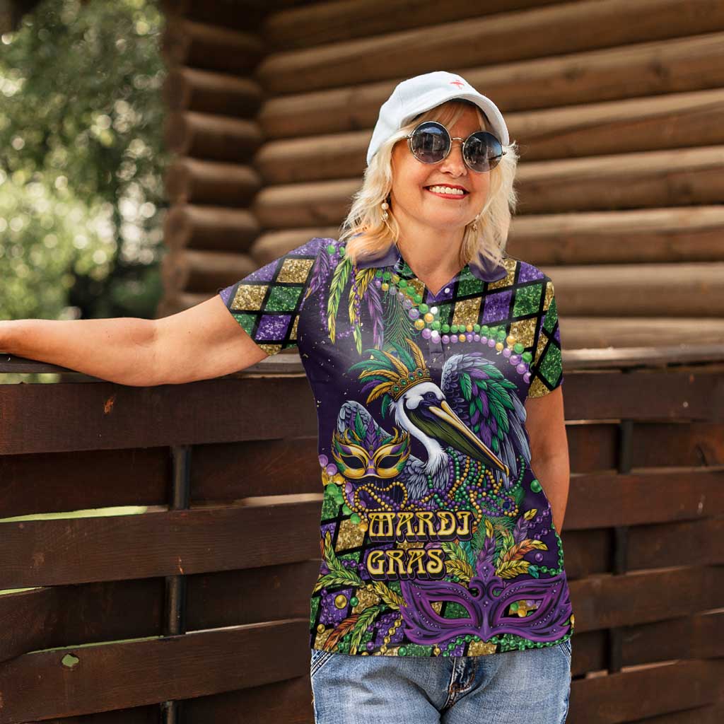 Mardi Gras Pelican Women Polo Shirt Crowned Feathers Carnival Reign - Wonder Print Shop