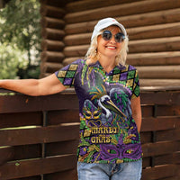 Mardi Gras Pelican Women Polo Shirt Crowned Feathers Carnival Reign - Wonder Print Shop