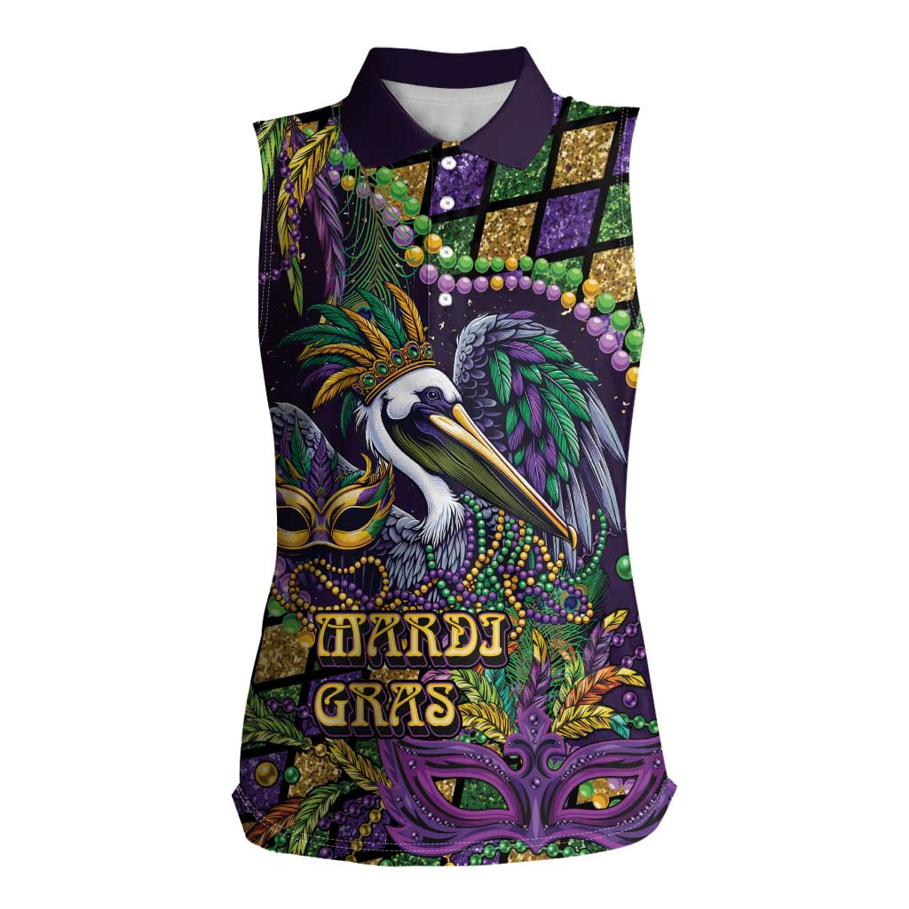 Mardi Gras Pelican Women Sleeveless Polo Shirt Crowned Feathers Carnival Reign - Wonder Print Shop