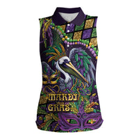 Mardi Gras Pelican Women Sleeveless Polo Shirt Crowned Feathers Carnival Reign - Wonder Print Shop
