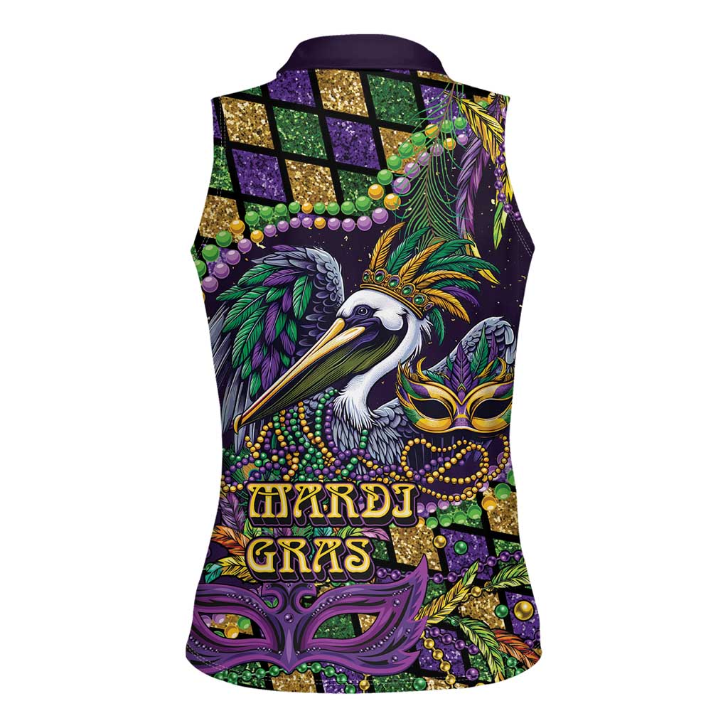 Mardi Gras Pelican Women Sleeveless Polo Shirt Crowned Feathers Carnival Reign - Wonder Print Shop