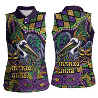 Mardi Gras Pelican Women Sleeveless Polo Shirt Crowned Feathers Carnival Reign - Wonder Print Shop