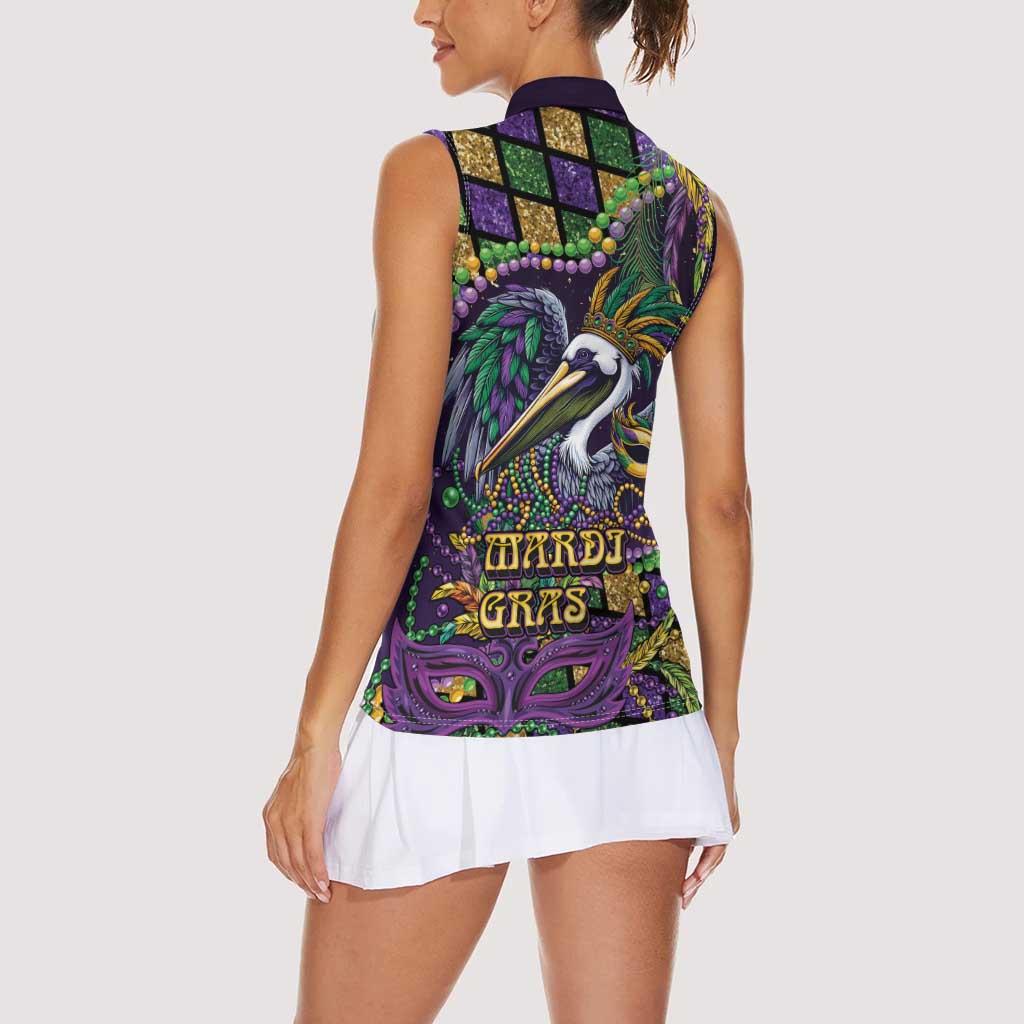 Mardi Gras Pelican Women Sleeveless Polo Shirt Crowned Feathers Carnival Reign - Wonder Print Shop