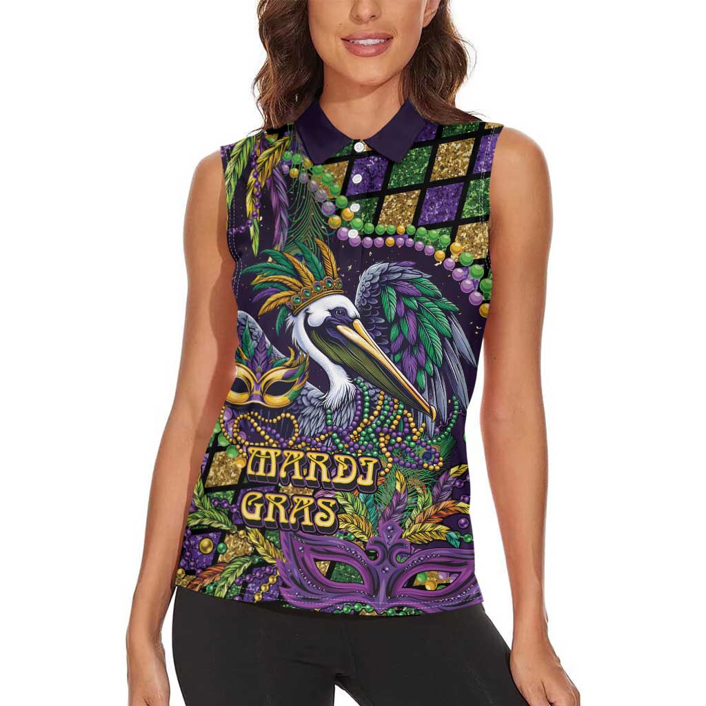 Mardi Gras Pelican Women Sleeveless Polo Shirt Crowned Feathers Carnival Reign - Wonder Print Shop
