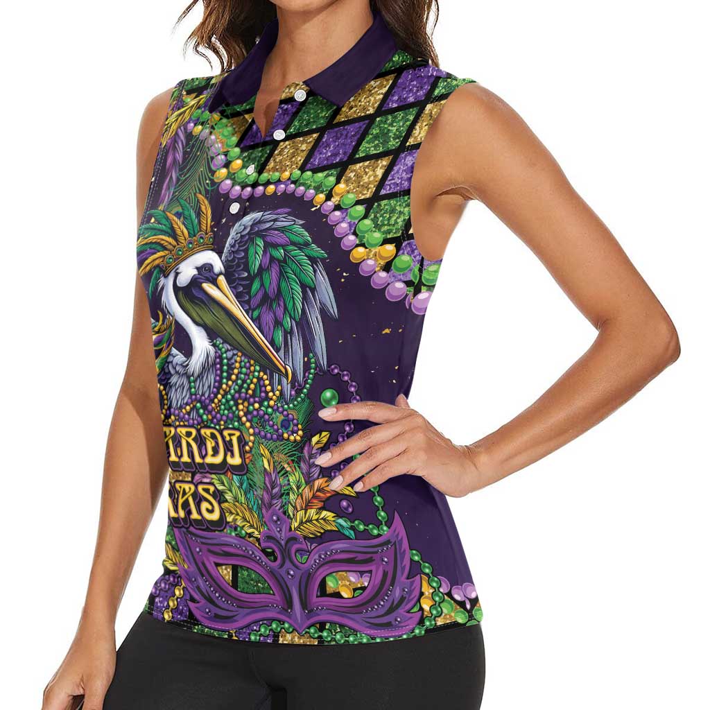 Mardi Gras Pelican Women Sleeveless Polo Shirt Crowned Feathers Carnival Reign - Wonder Print Shop