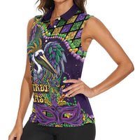 Mardi Gras Pelican Women Sleeveless Polo Shirt Crowned Feathers Carnival Reign - Wonder Print Shop