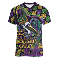 Mardi Gras Pelican Women V-Neck T-Shirt Crowned Feathers Carnival Reign - Wonder Print Shop