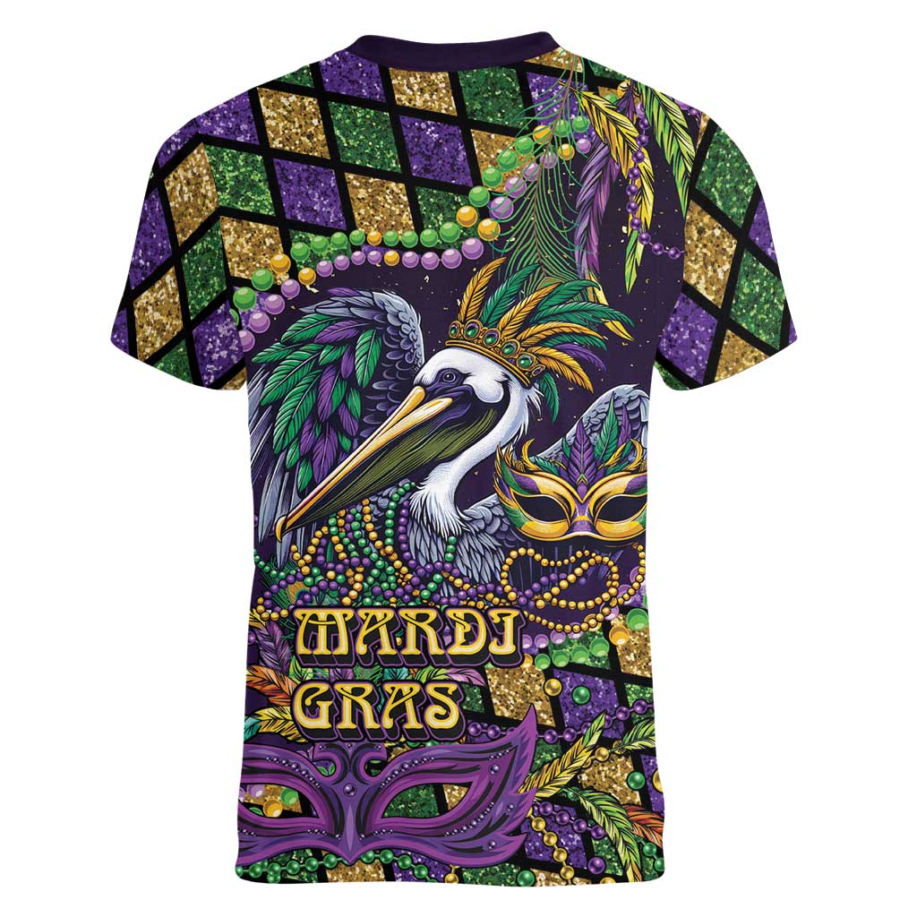 Mardi Gras Pelican Women V-Neck T-Shirt Crowned Feathers Carnival Reign - Wonder Print Shop