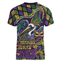 Mardi Gras Pelican Women V-Neck T-Shirt Crowned Feathers Carnival Reign - Wonder Print Shop