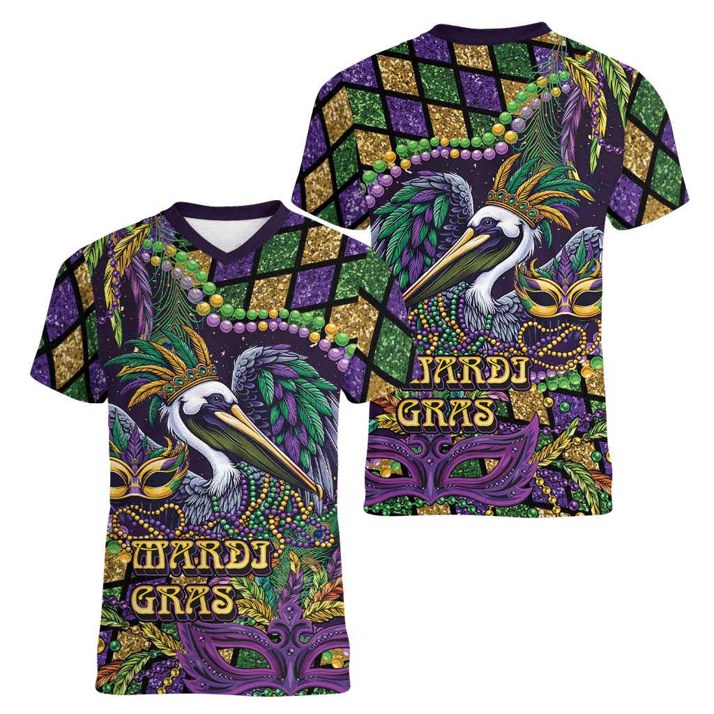 Mardi Gras Pelican Women V-Neck T-Shirt Crowned Feathers Carnival Reign - Wonder Print Shop