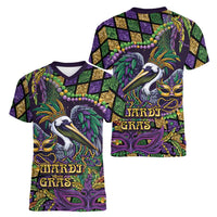 Mardi Gras Pelican Women V-Neck T-Shirt Crowned Feathers Carnival Reign - Wonder Print Shop