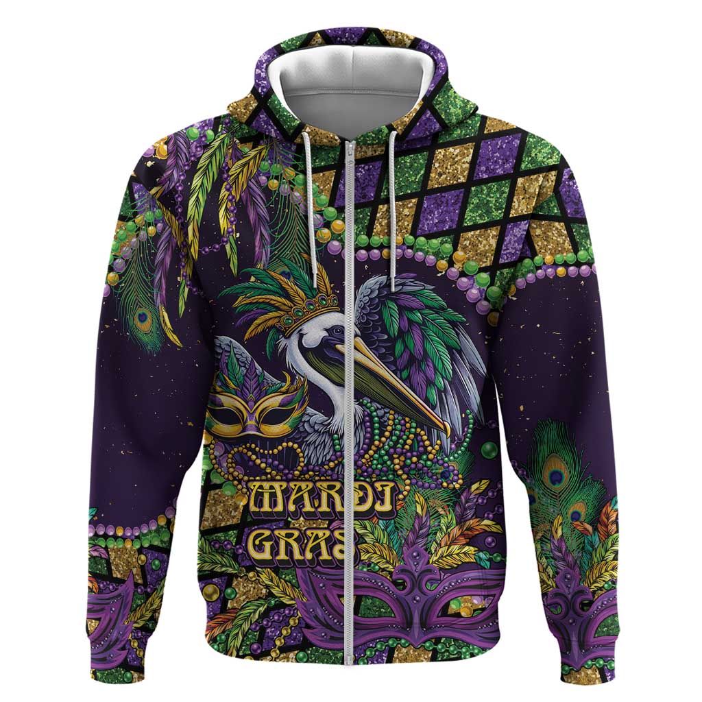 Mardi Gras Pelican Zip Hoodie Crowned Feathers Carnival Reign - Wonder Print Shop