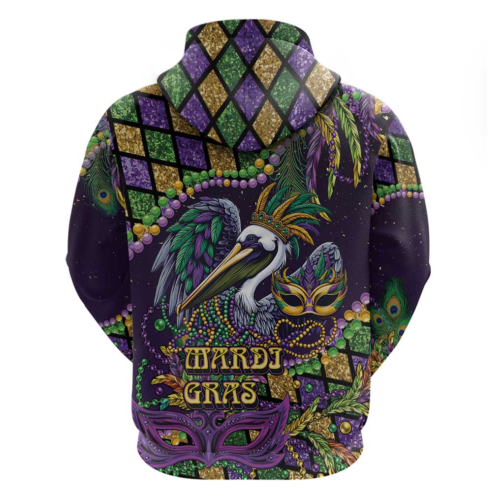 Mardi Gras Pelican Zip Hoodie Crowned Feathers Carnival Reign - Wonder Print Shop
