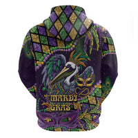 Mardi Gras Pelican Zip Hoodie Crowned Feathers Carnival Reign - Wonder Print Shop