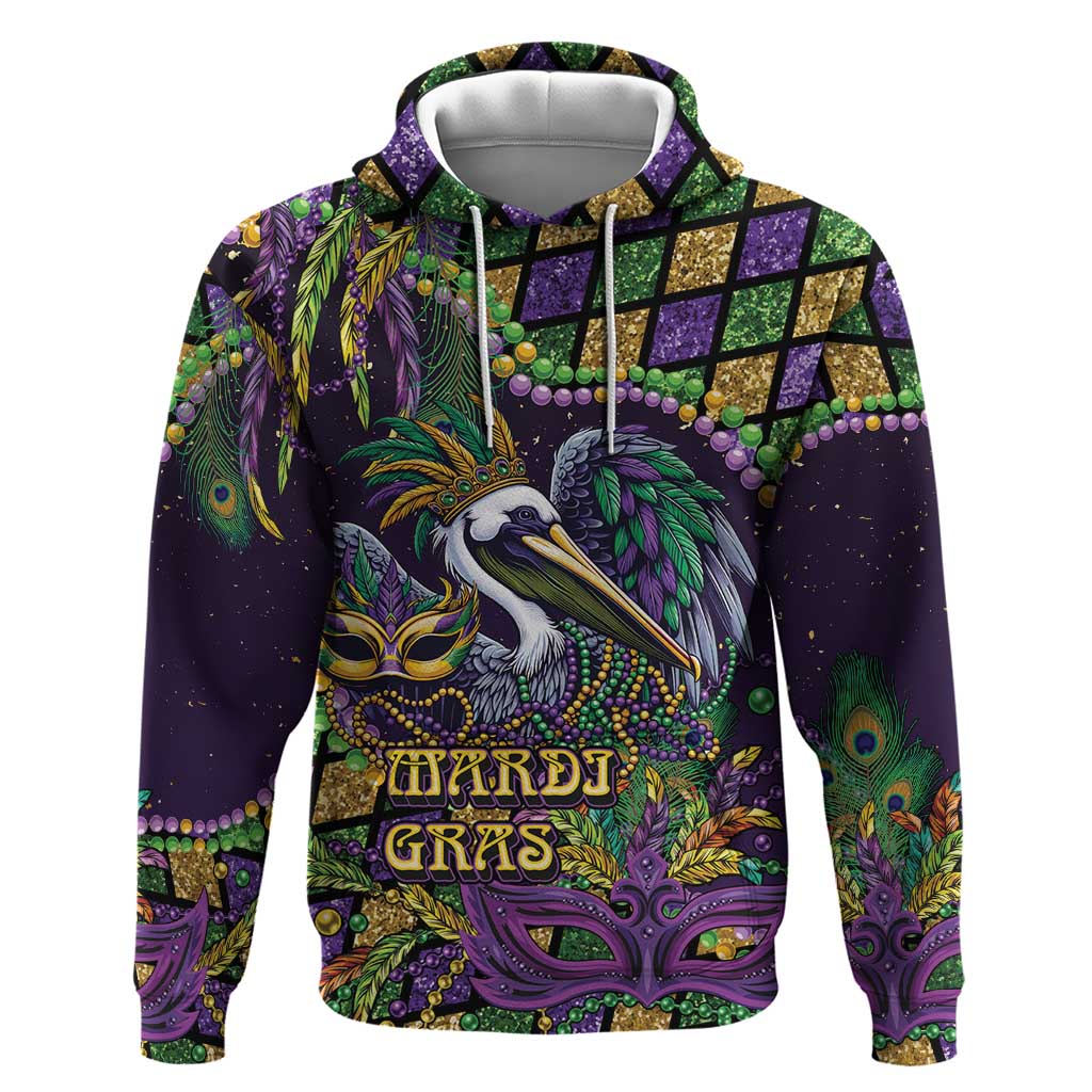 Mardi Gras Pelican Zip Hoodie Crowned Feathers Carnival Reign - Wonder Print Shop