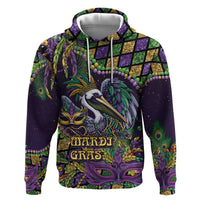 Mardi Gras Pelican Zip Hoodie Crowned Feathers Carnival Reign - Wonder Print Shop
