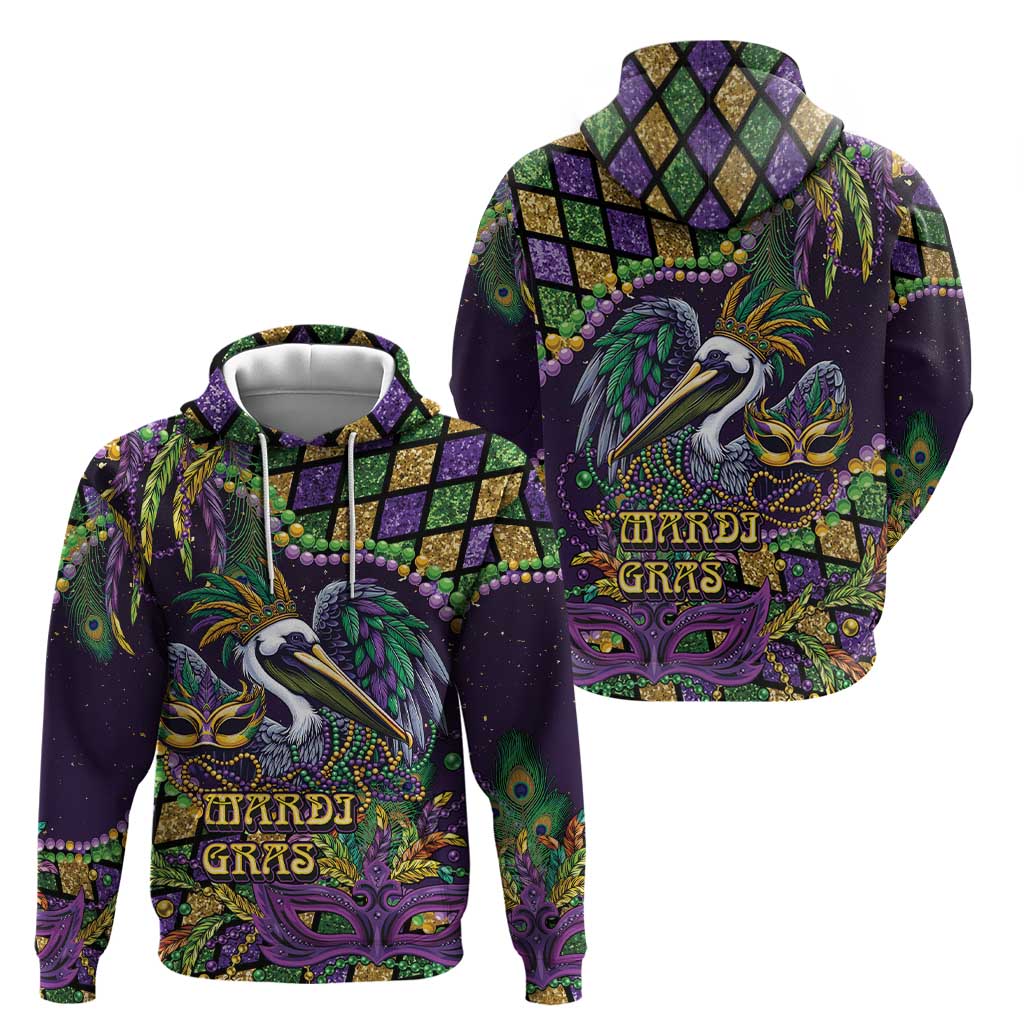Mardi Gras Pelican Zip Hoodie Crowned Feathers Carnival Reign - Wonder Print Shop