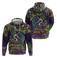 Mardi Gras Pelican Zip Hoodie Crowned Feathers Carnival Reign - Wonder Print Shop