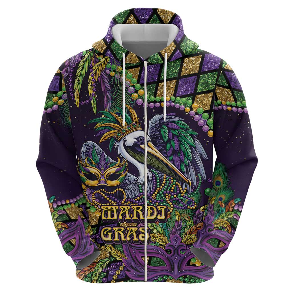 Mardi Gras Pelican Zip Hoodie Crowned Feathers Carnival Reign - Wonder Print Shop