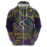 Mardi Gras Pelican Zip Hoodie Crowned Feathers Carnival Reign - Wonder Print Shop
