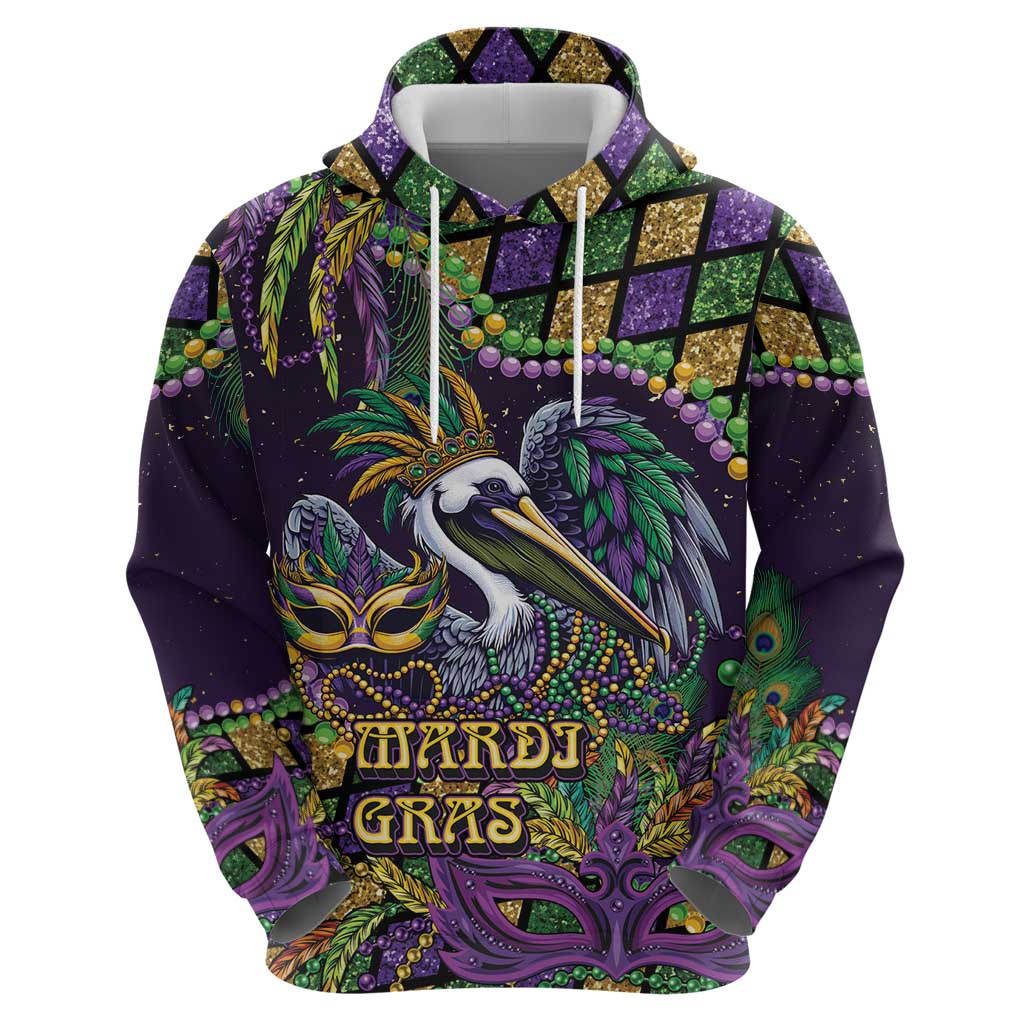 Mardi Gras Pelican Zip Hoodie Crowned Feathers Carnival Reign - Wonder Print Shop