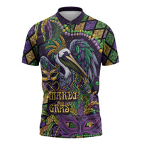Mardi Gras Pelican Zipper Polo Shirt Crowned Feathers Carnival Reign - Wonder Print Shop
