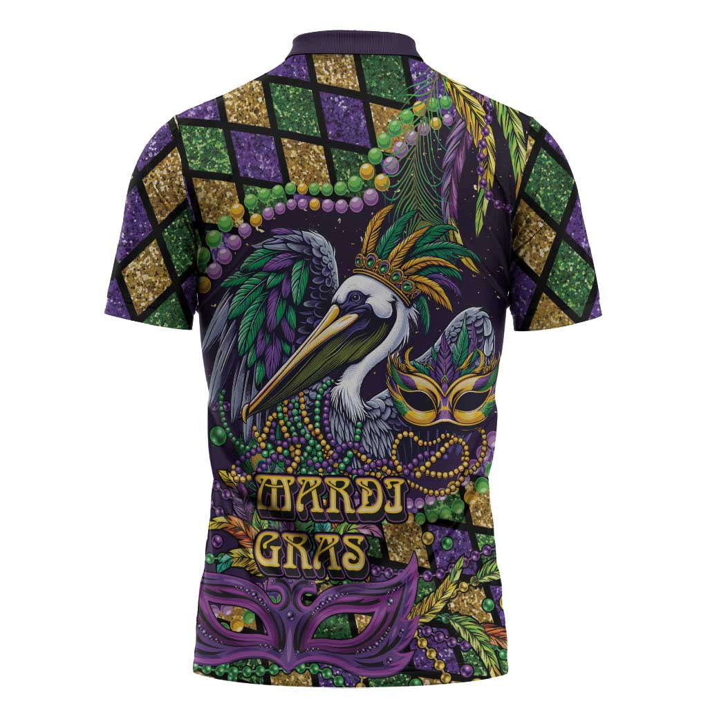 Mardi Gras Pelican Zipper Polo Shirt Crowned Feathers Carnival Reign - Wonder Print Shop
