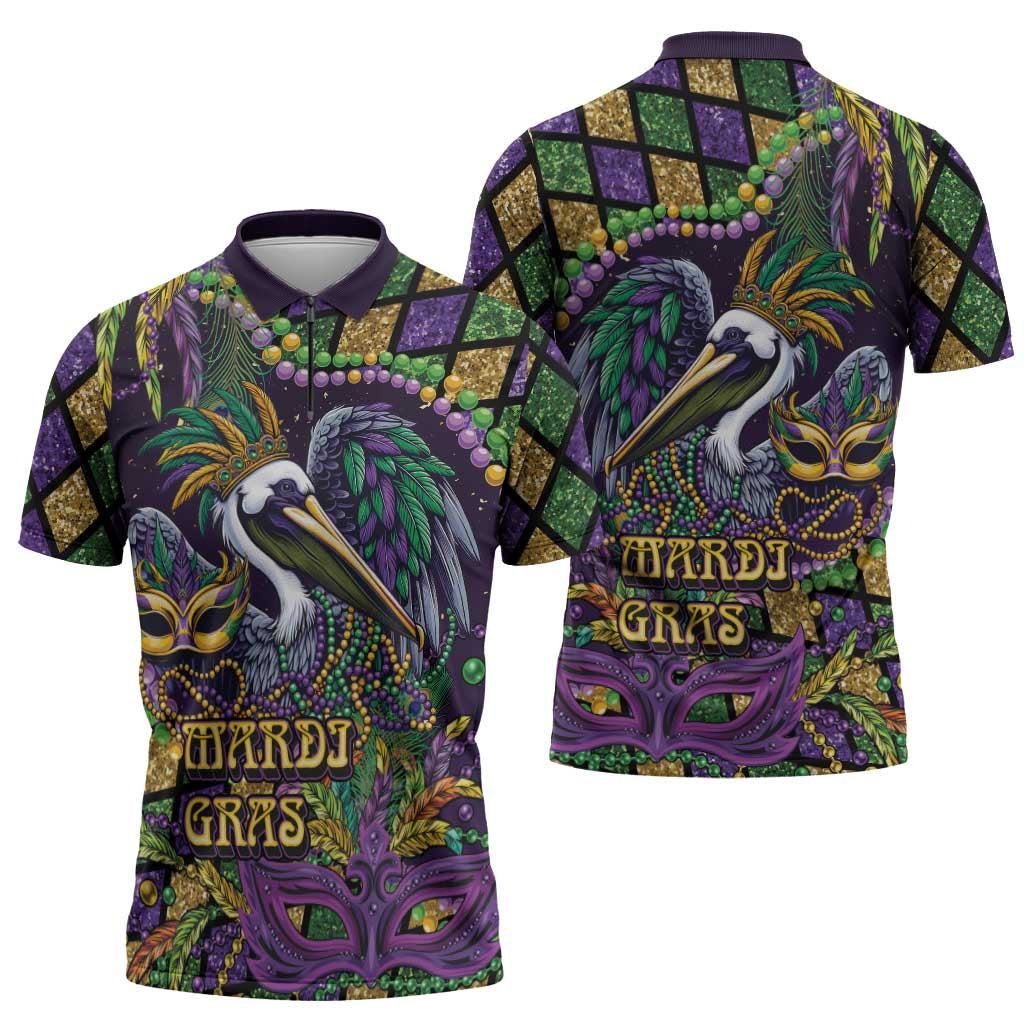 Mardi Gras Pelican Zipper Polo Shirt Crowned Feathers Carnival Reign - Wonder Print Shop