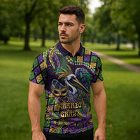 Mardi Gras Pelican Zipper Polo Shirt Crowned Feathers Carnival Reign - Wonder Print Shop