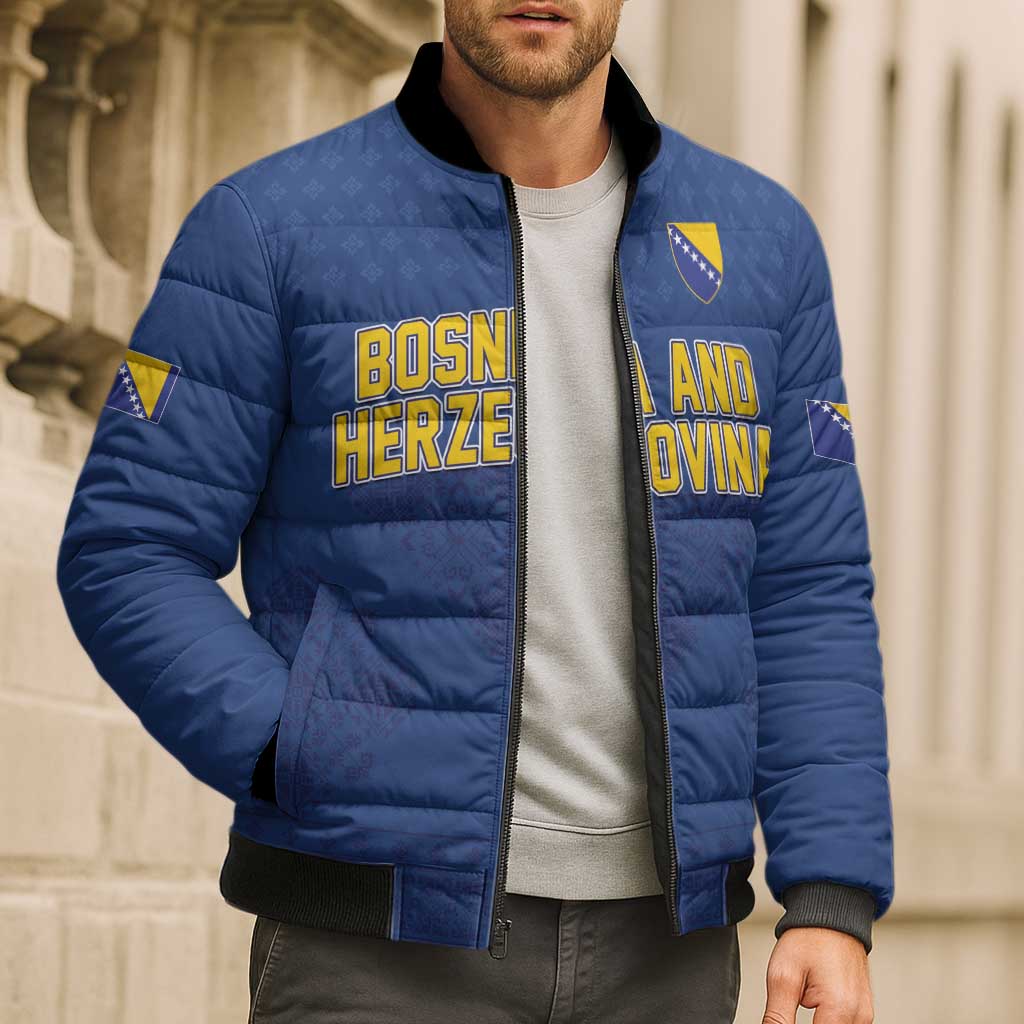 Custom Bosnia and Herzegovina Football 2026 Bomber Puffer Jacket Zmijanje Embroidery Pride