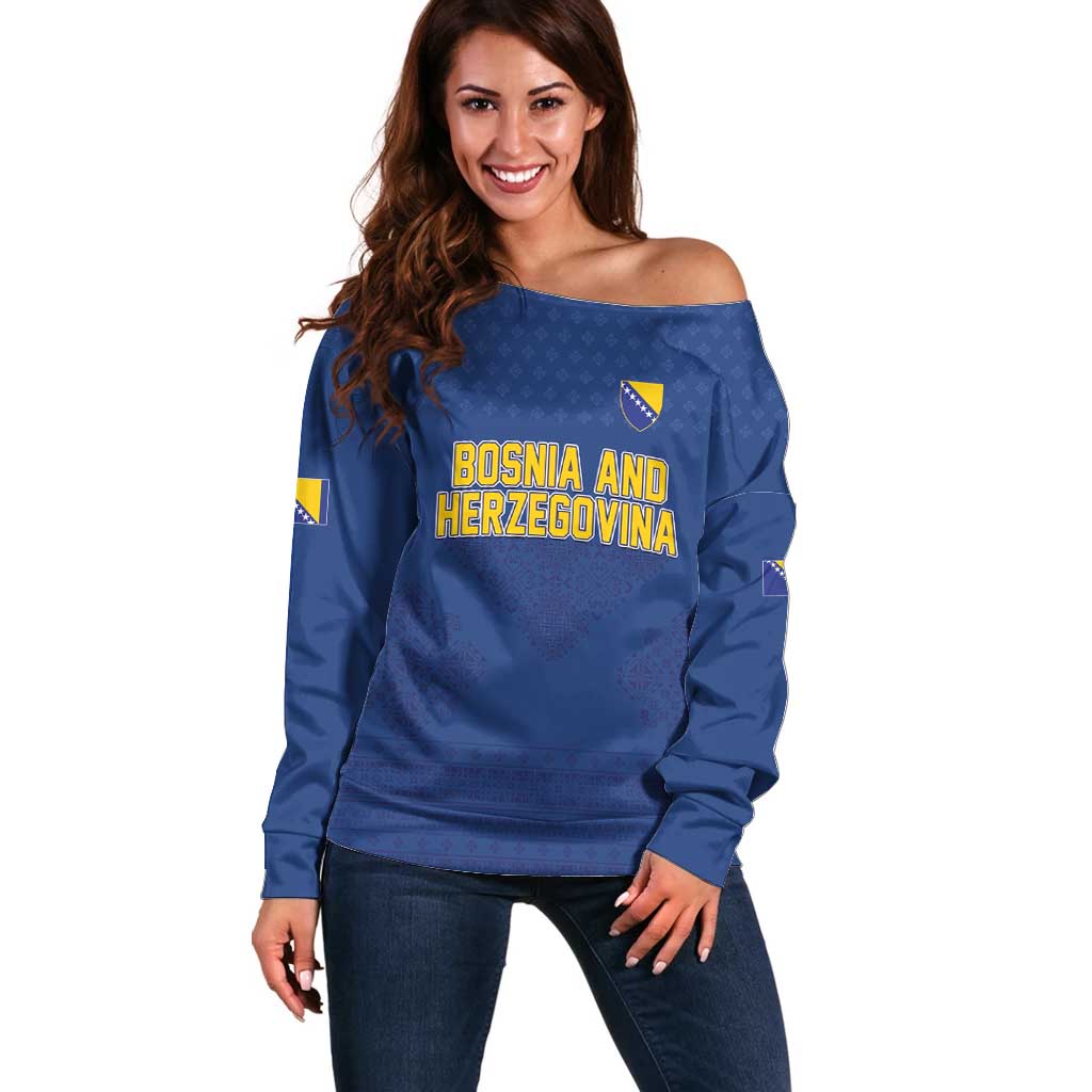 Custom Bosnia and Herzegovina Football 2026 Off Shoulder Sweater Zmijanje Embroidery Pride