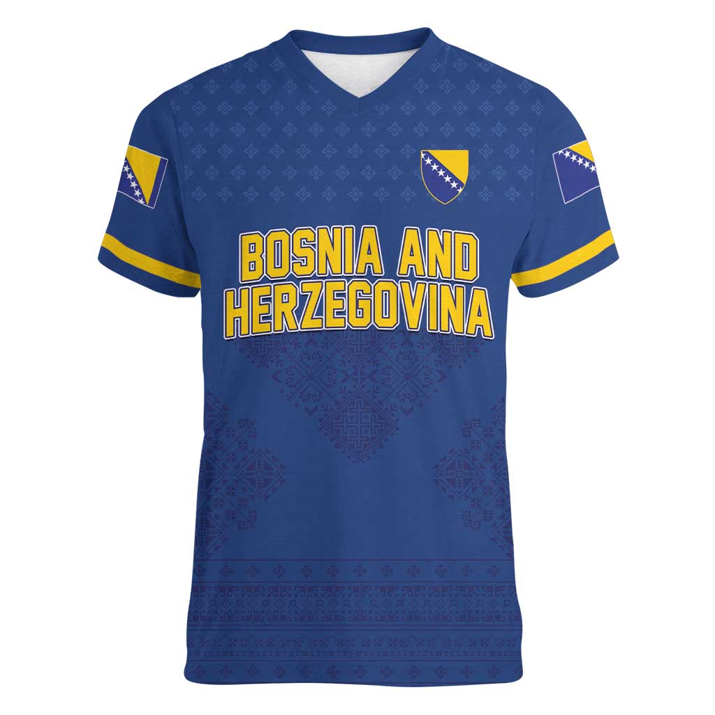 Custom Bosnia and Herzegovina Football 2026 Women V-Neck T-Shirt Zmijanje Embroidery Pride